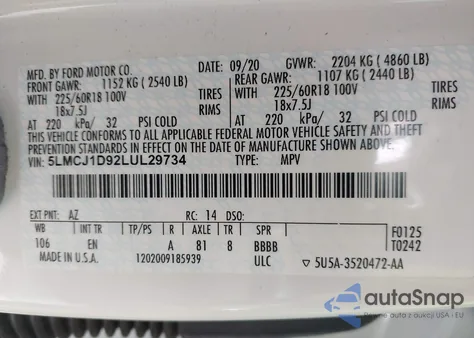 2020 Lincoln Corsair Standard z USA, uszkodzony, nr VIN 5LMCJ1D92LUL29734